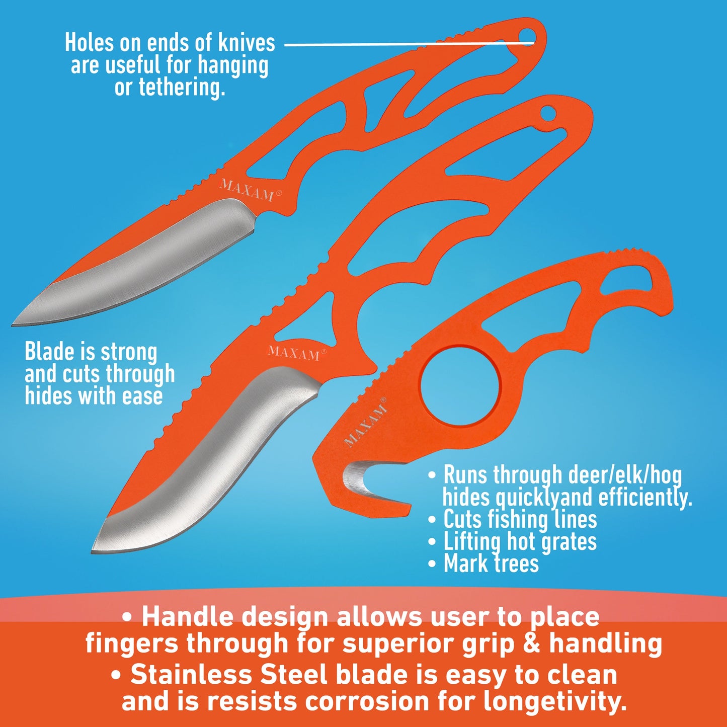 Juego de gancho y cuchillo cortacabos Maxam de 3 piezas - Con funda - Cuchillo de aparejo