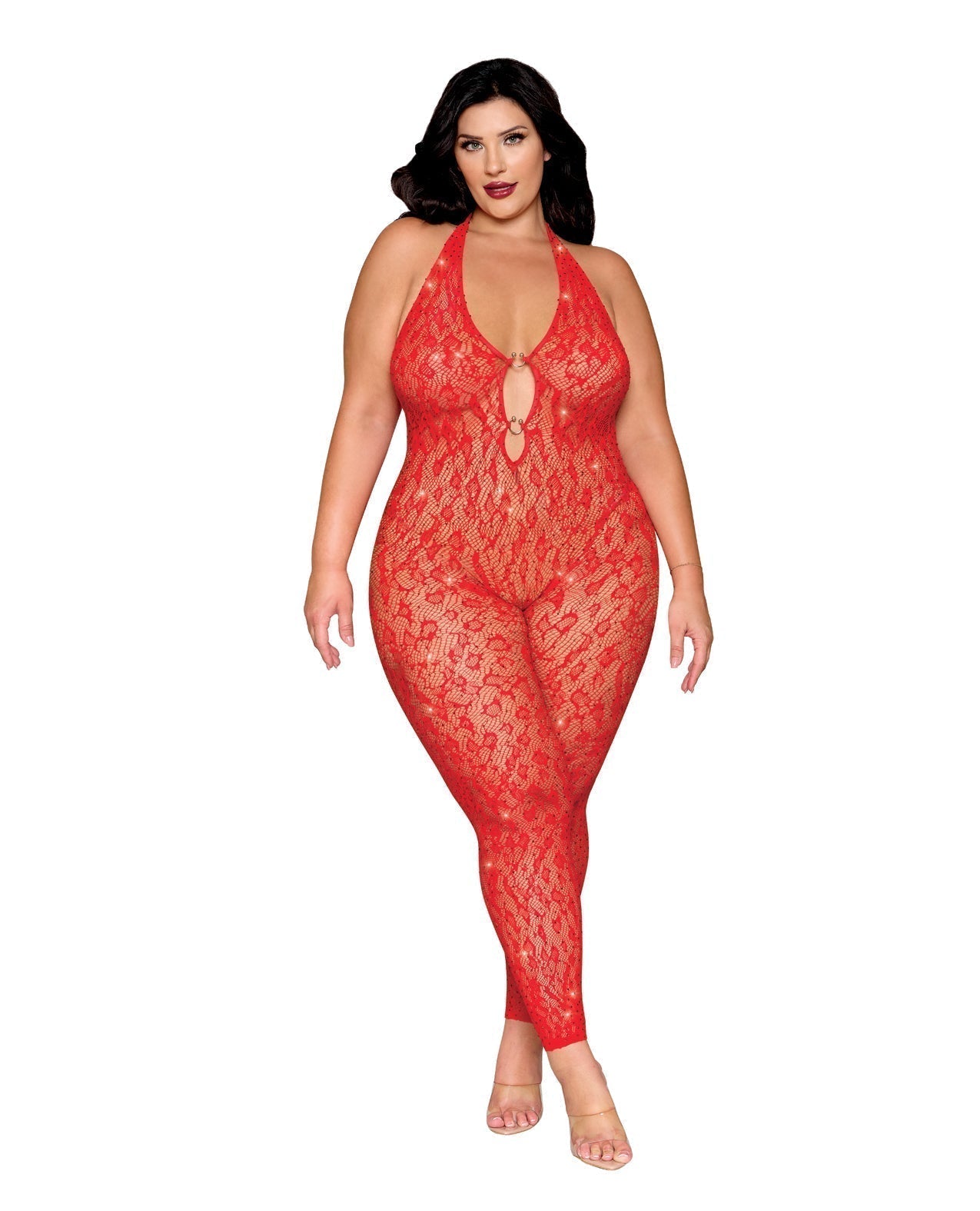 Bodystocking sans coutures imprimé léopard avec détails dorés - Rouge TG