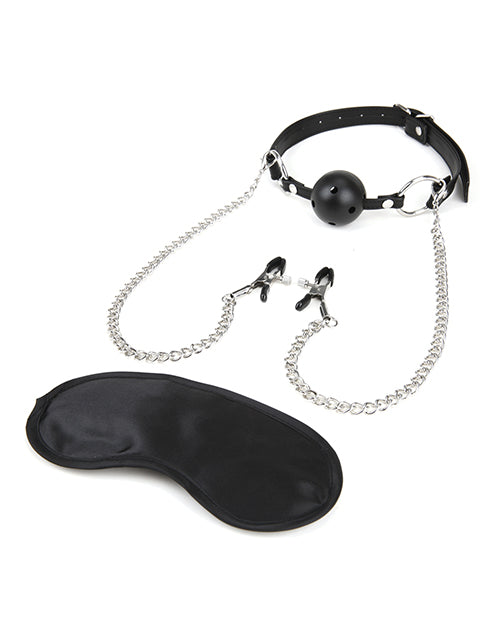 Bâillon boule respirant Lux Fetish avec pinces à tétons à pression réglable