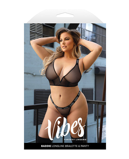 Vibes Baddie Conjunto de bralette largo y tanga de malla con purpurina negro QN