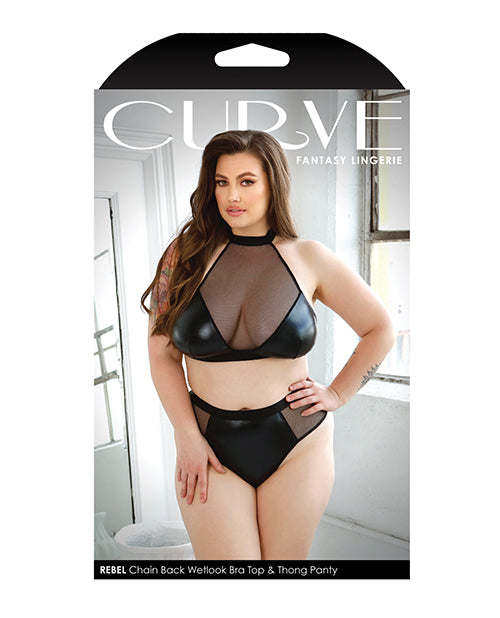 Top halter "Wetlook" Curve Rebel con cadena extraíble y bragas negro 3X/4X
