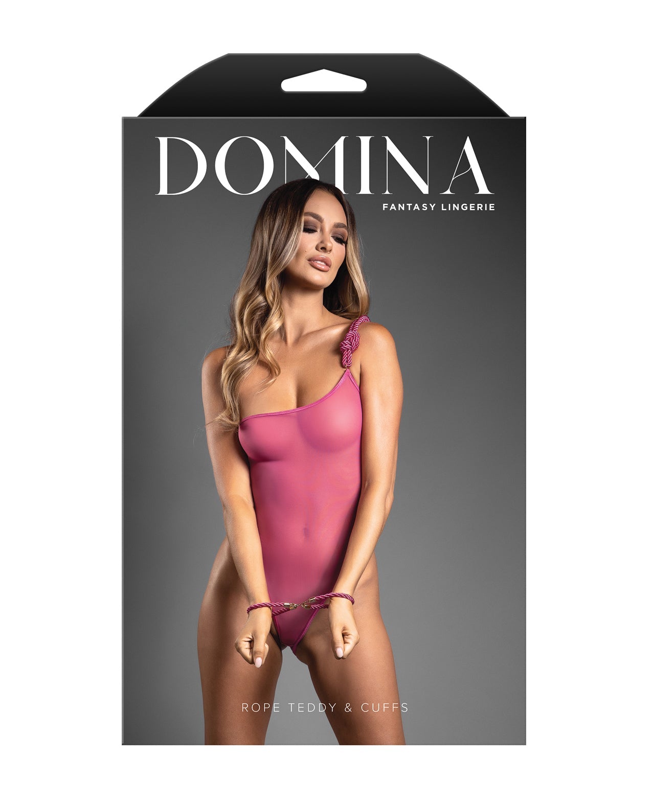 Domina Nuisette rose transparente à une épaule et manchettes L/XL