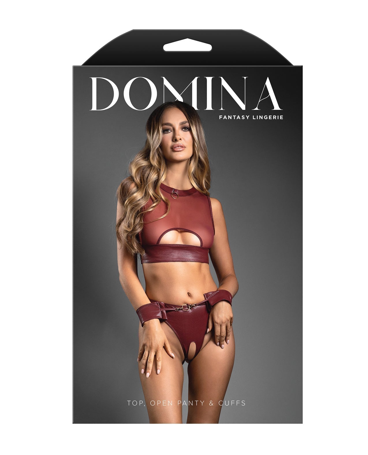 Conjunto Domina de 3 piezas de malla transparente y piel vegana con braga sin entrepierna y esposas - Borgoña G/XL