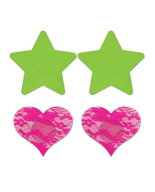 Fantasy pezoneras de encaje en forma de corazón con estrellas reactivas a la luz UV, neón - Verde y rosa, talla única, paquete de 2
