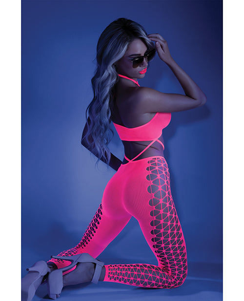 Bodystocking néon rose fluo découpé court, dos nu, taille unique