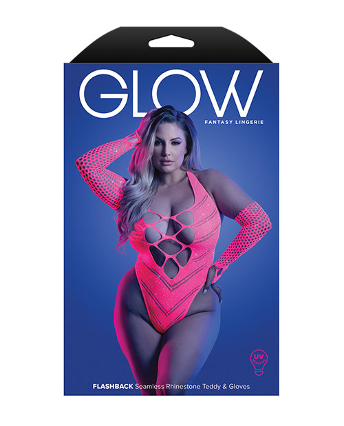Nounours en strass réactif à la lumière noire Glow Flashback avec gants (ou jambières) - Rose fluo QN