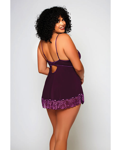 Baby-doll et string en dentelle et microfibre chiné violet 3X