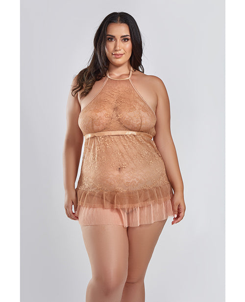 Amber Halter Encaje Babydoll con Falda Fruncida de Malla en Capas y Tanga Café 1X