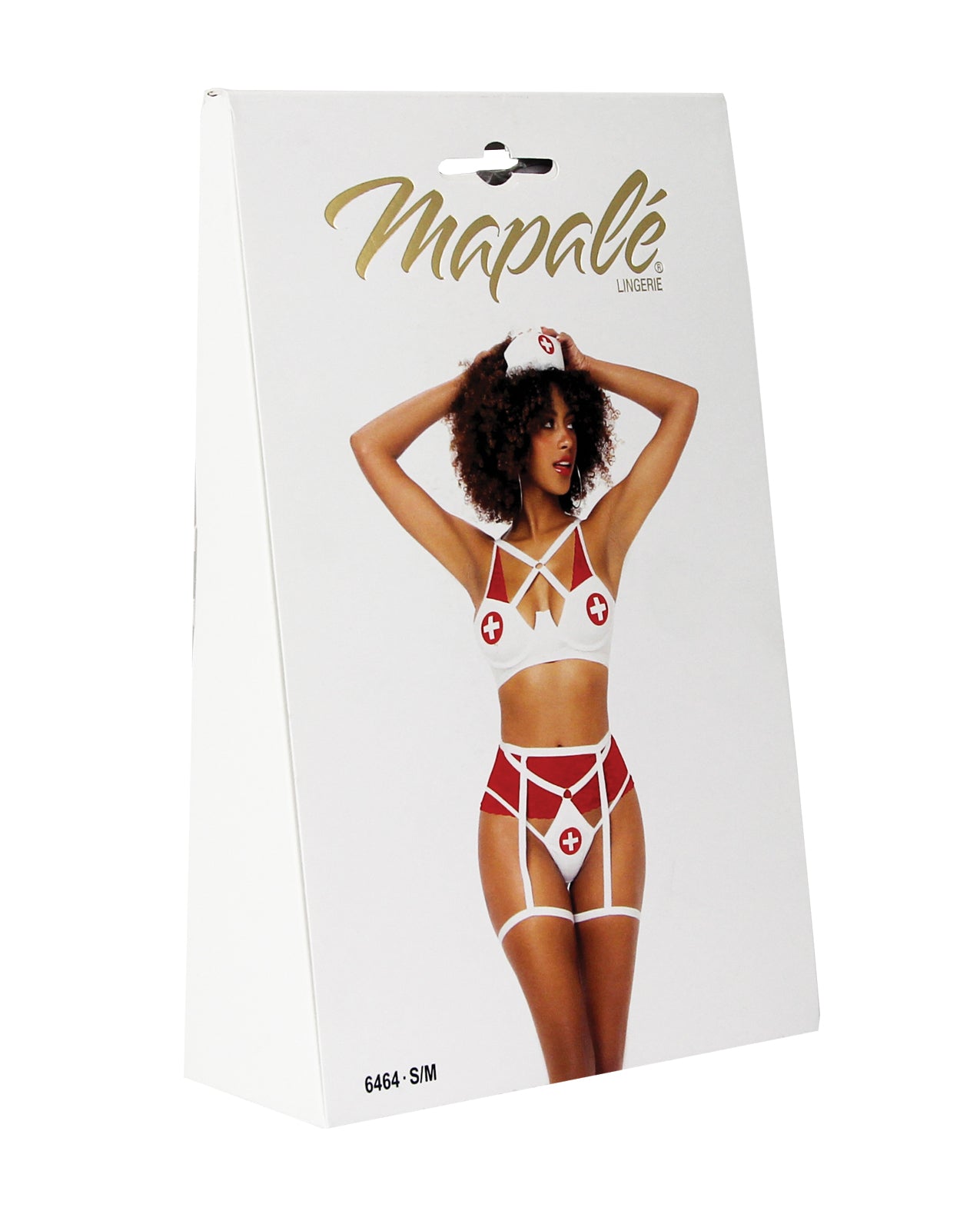 Ensemble infirmière 3 pièces : haut à armatures, bas ouvert au dos avec porte-jarretelles intégré et coiffe rouge/blanc