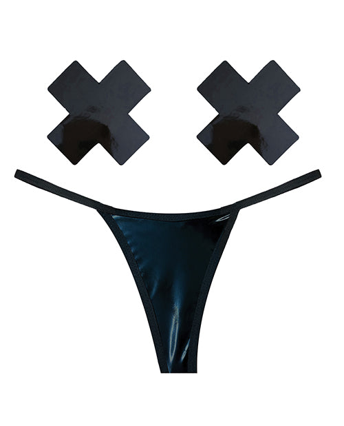 Neva Nude Naughty Knix Dom Squad String & Cache-té Vinyl Mouillé - Noir Taille Unique