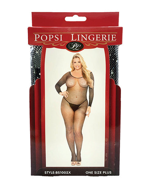 Bodystocking Noir Résille Manches Longues Strass QN