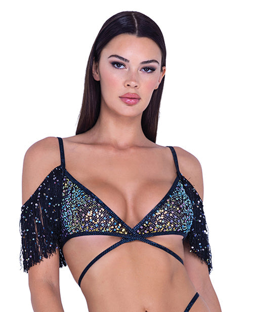 Top de flecos de malla con lentejuelas - Negro/Multicolor G