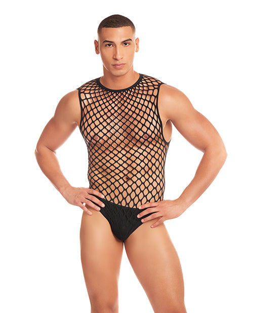 Unitardo de malla grande con efecto arcoíris, 2 piezas con tanga - Negro G/XL