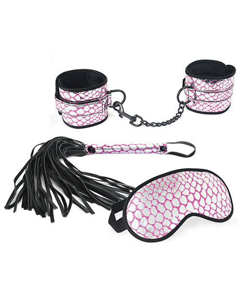 Kit de bondage Spartacus avec menottes, bandeau et fouet en similicuir - Rose