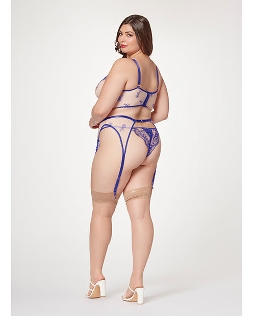 Malla elástica transparente con bustier, liguero y tanga con bordado floral en contraste Azul/Nude 1X/2X