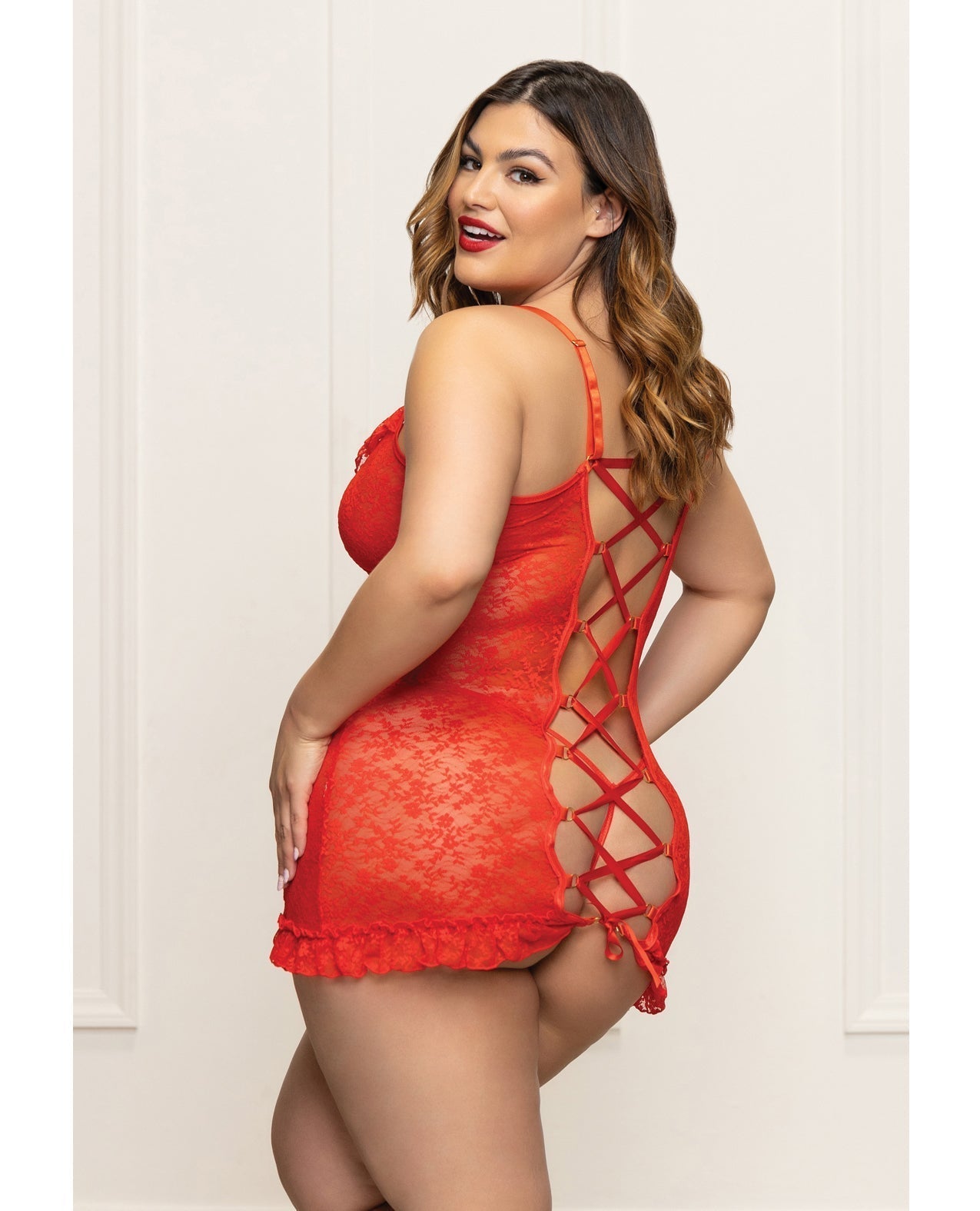 Camisón de encaje con volantes y tanga - Rojo TNG
