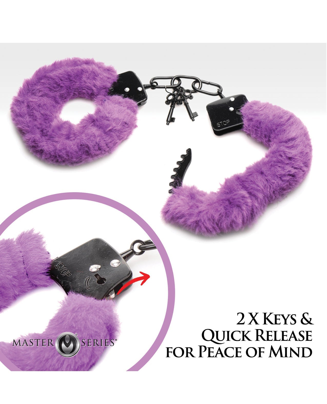 Master Series Esposado en Esposas Peludas - Morado