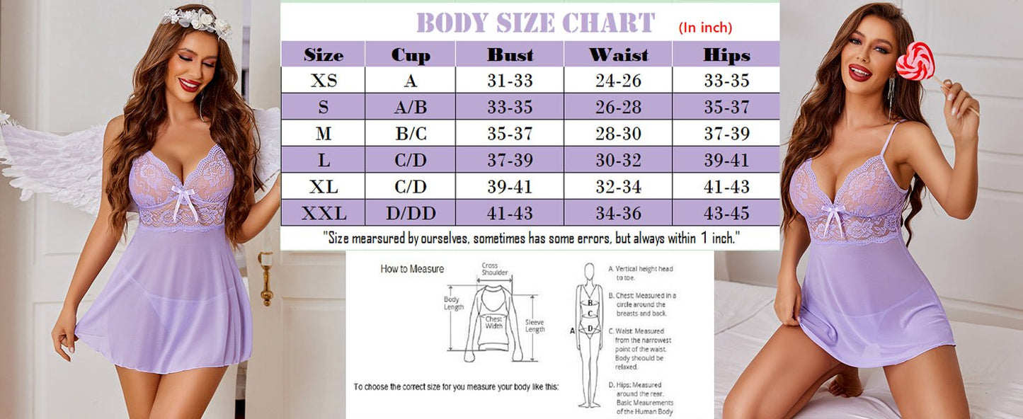 Conjunto de chemise de encaje con cuello en V profundo BabyDoll
