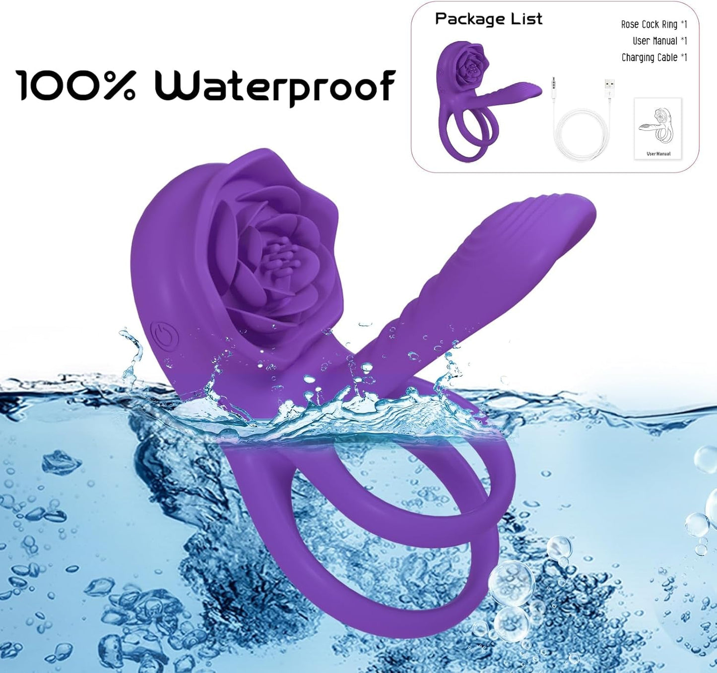 Anillo para pene, funda de aumento de grosor y vibrador de clítoris VioletPetal Rose de 9 modos
