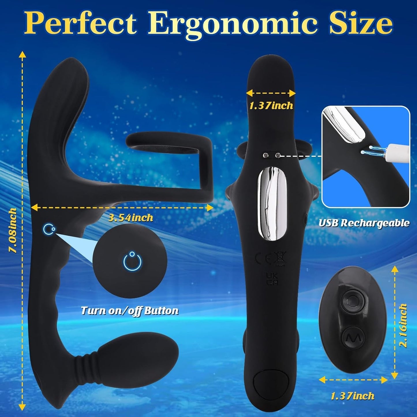 Anillo para el pene/masajeador de próstata PulseCoreX, 7 modos, control remoto, resistente al agua