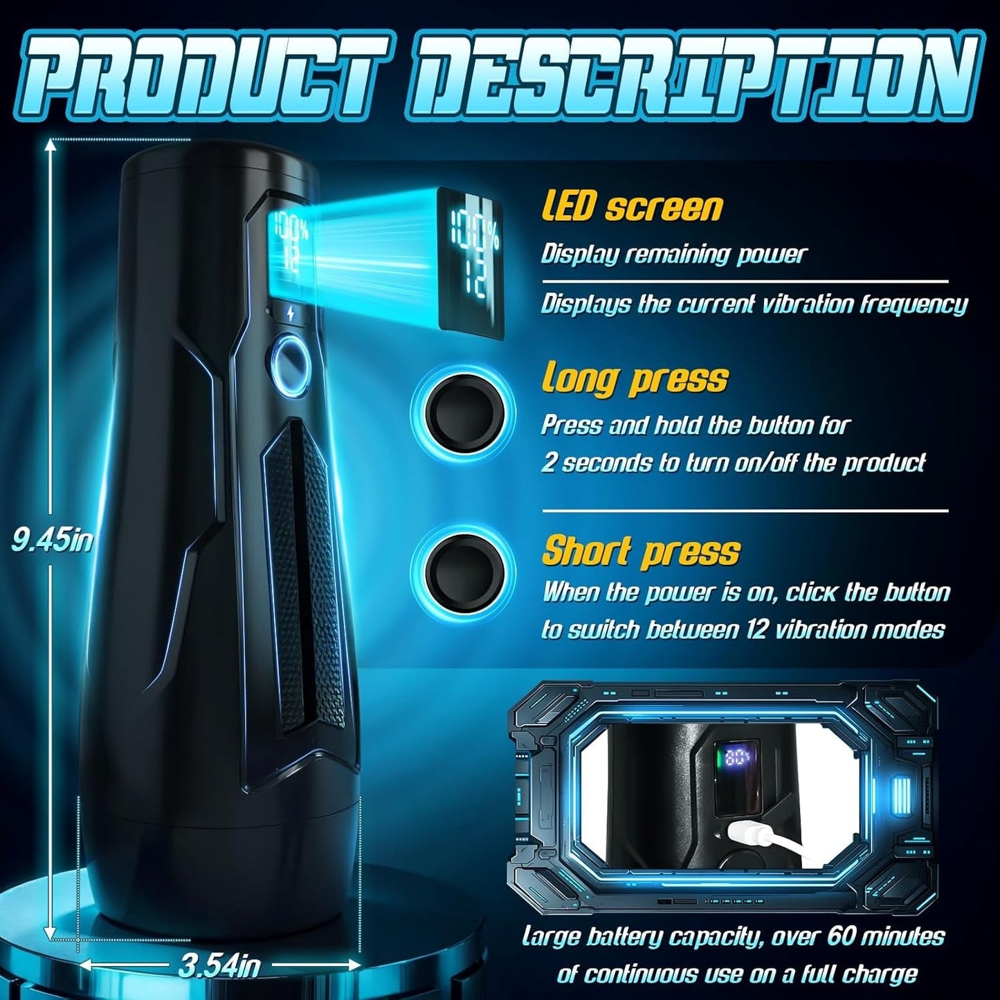 NoirPulse Vibrating Male Stroker Fleshlight with 12 Modes