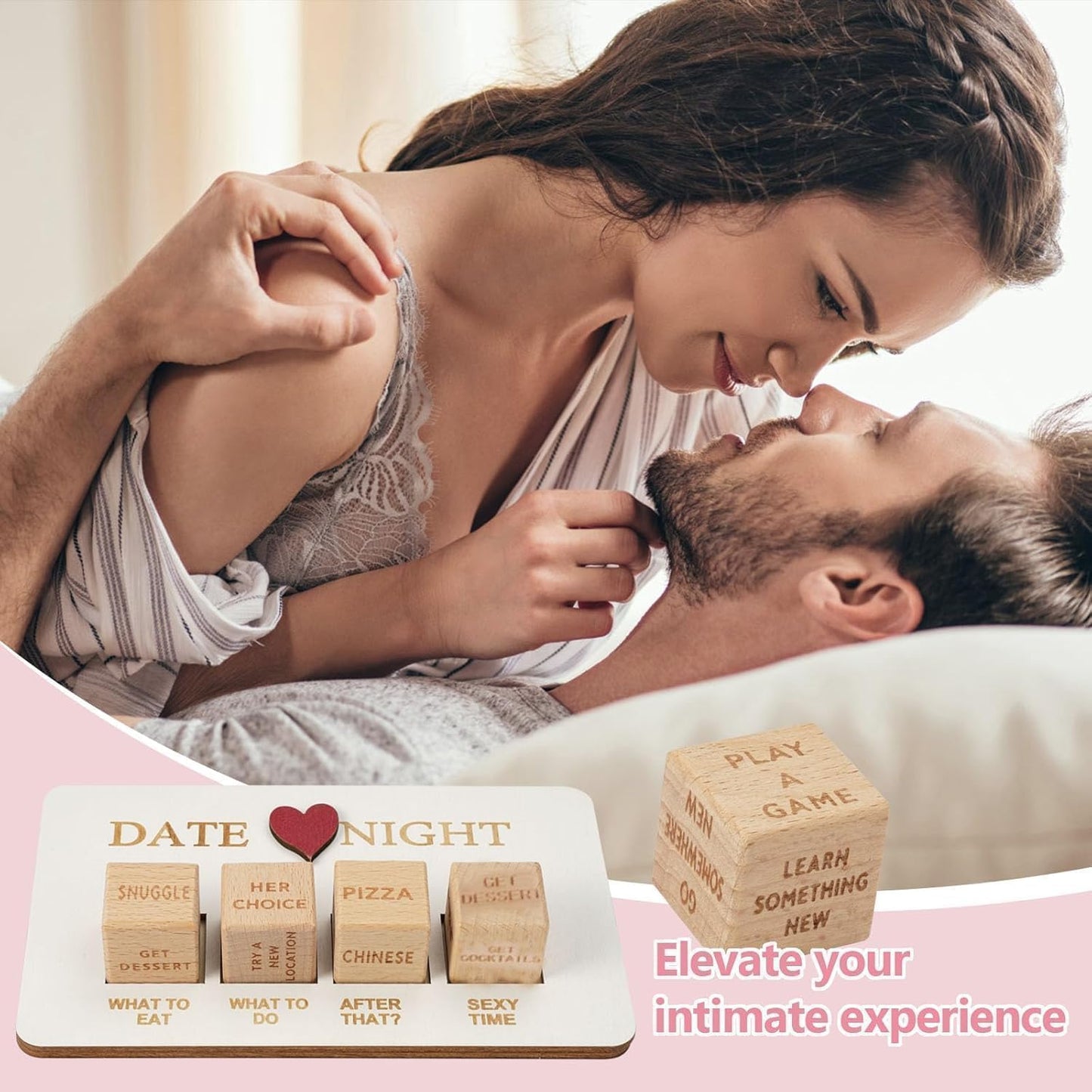 Dés de décision de rendez-vous romantique en bois