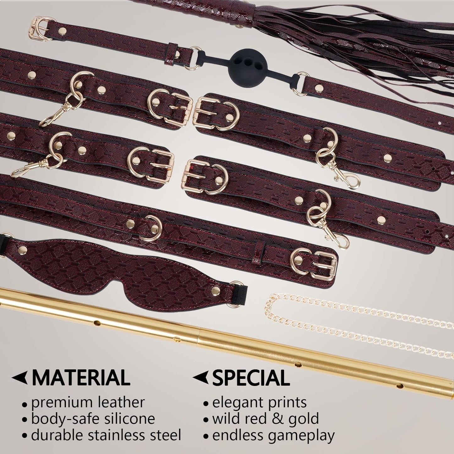 CrimsonRoyale Kit de Bondage BDSM avec Écarteur 10 Pièces