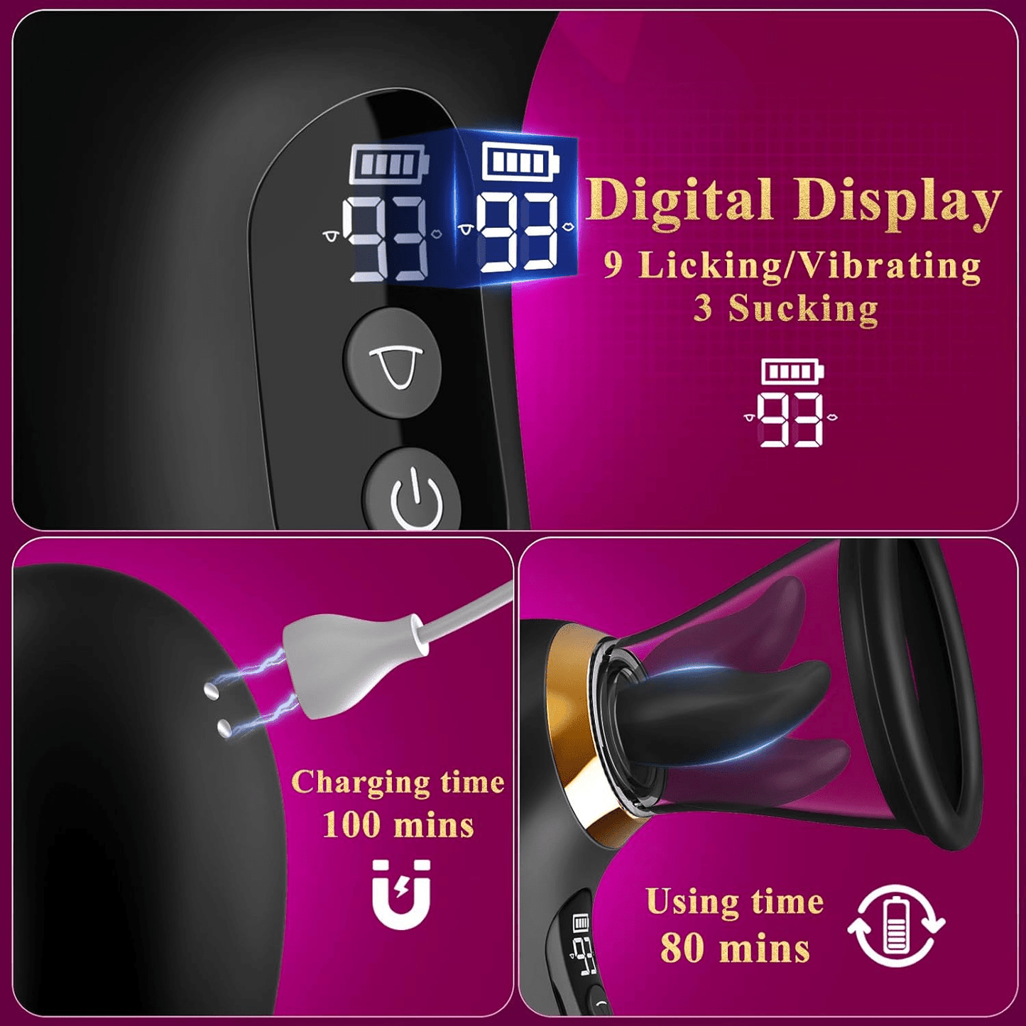 Varita de rosa ObsidiaSync AI chupasueños de clítoris, aplicación con pantalla LCD, resistente al agua