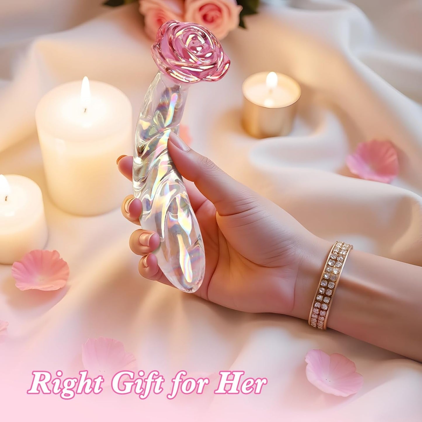RoseGlass Dildo de cristal de 7.2" con arcoíris, tapón anal para punto G