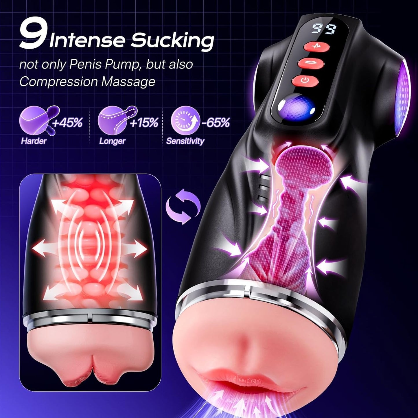 PrismSync AI Sincronización Vagina de Bolsillo 3 Fundas 9 Succión 9 Vibración