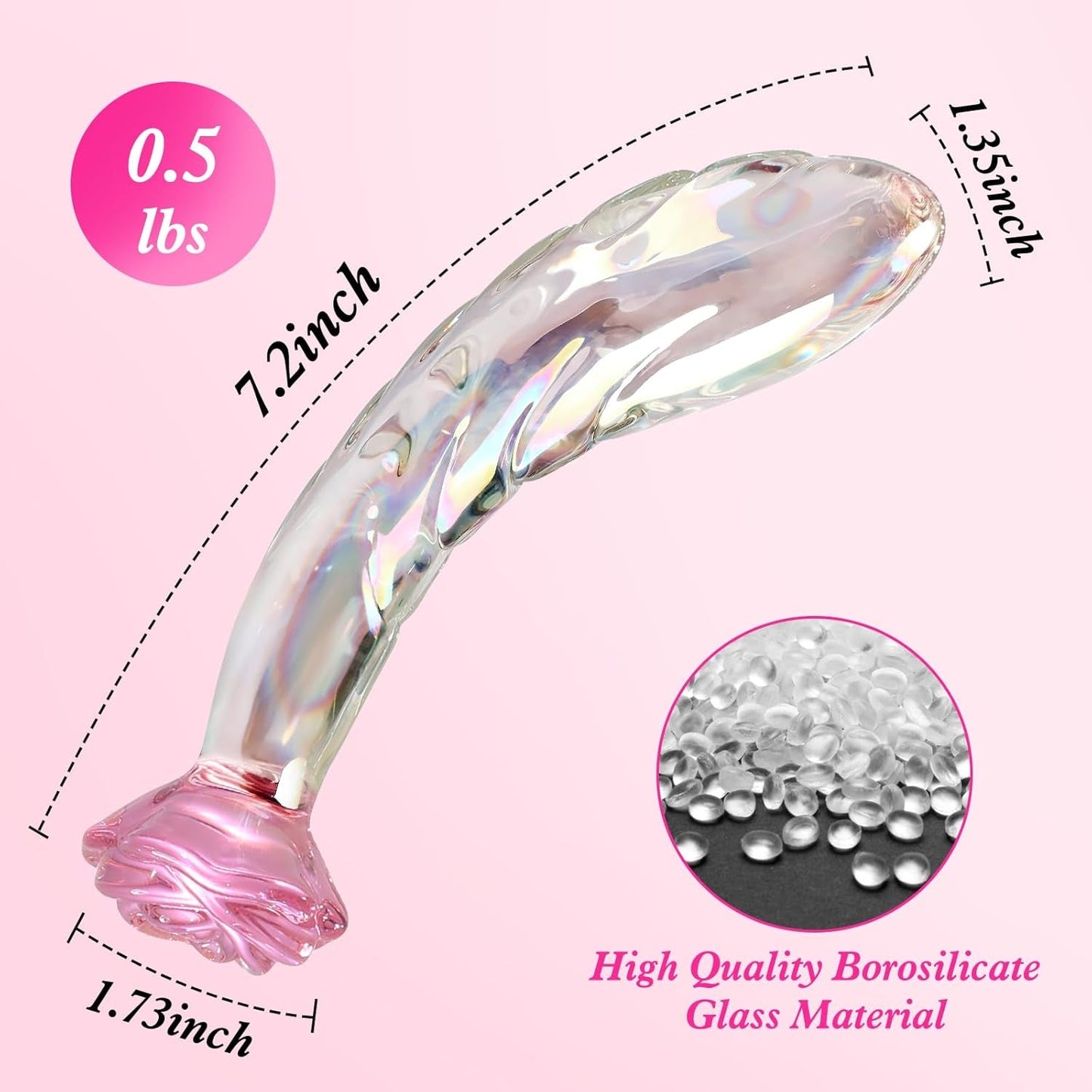RoseGlass Dildo de cristal de 7.2" con arcoíris, tapón anal para punto G