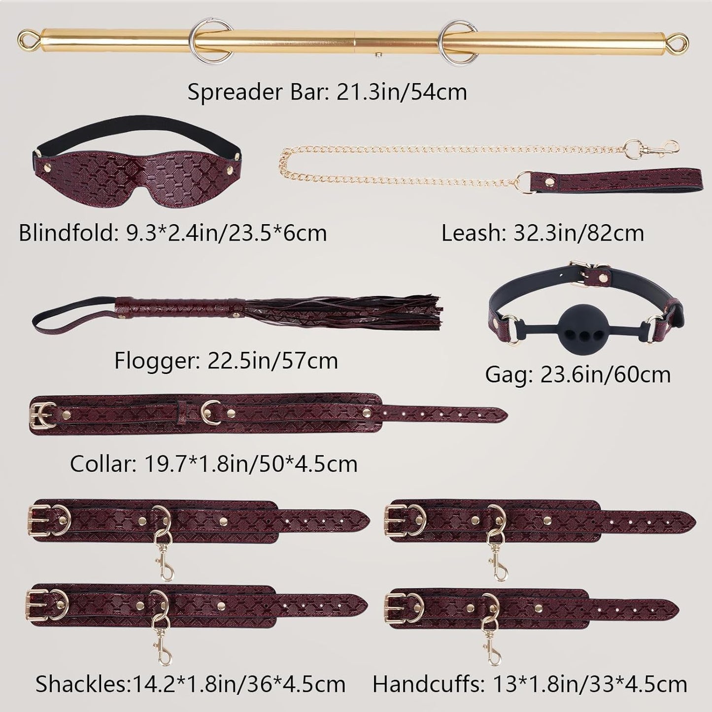 CrimsonRoyale Kit de Bondage BDSM avec Écarteur 10 Pièces