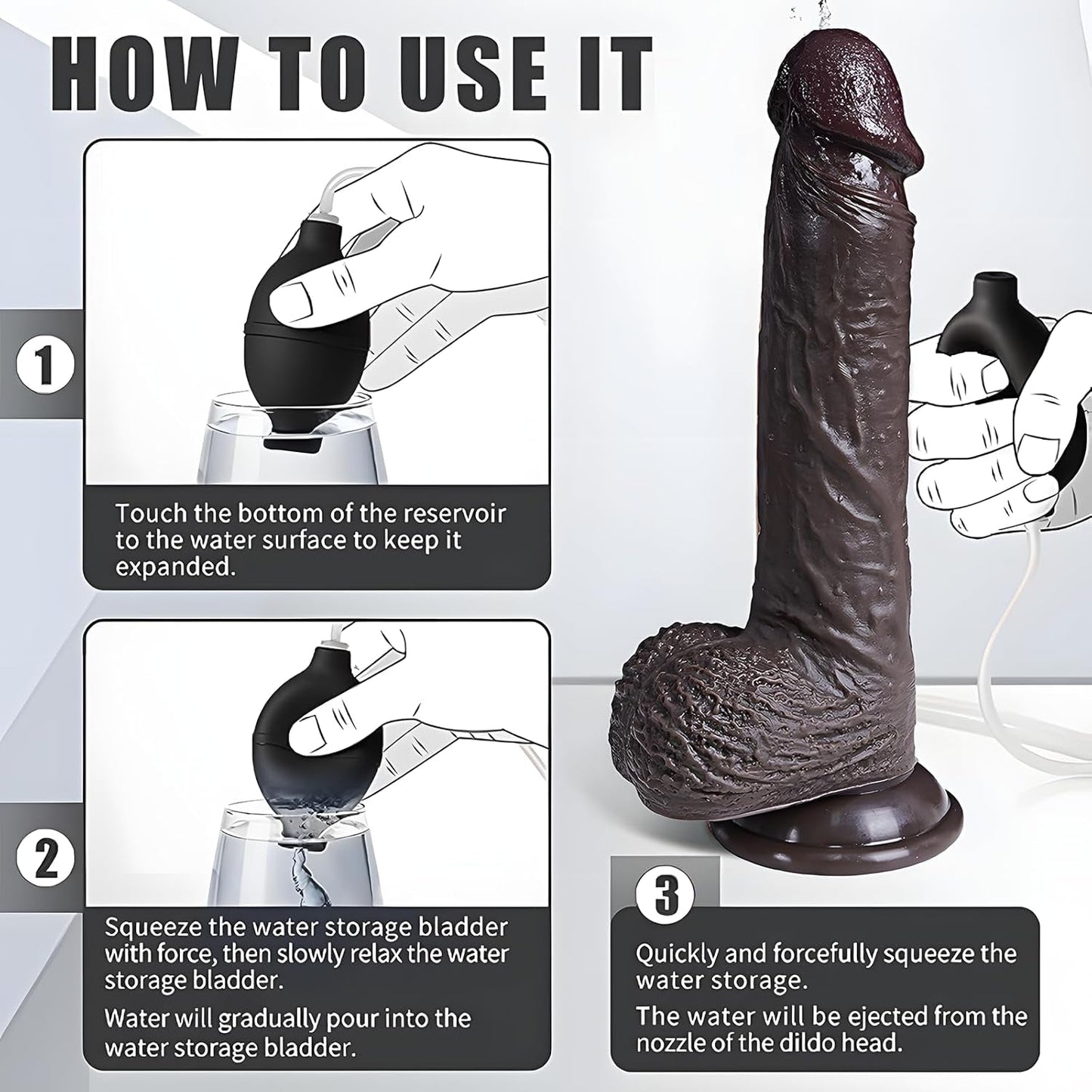 EbonyFlow 8.5” Ebony Squirting Dildo Silicone Suction Cup