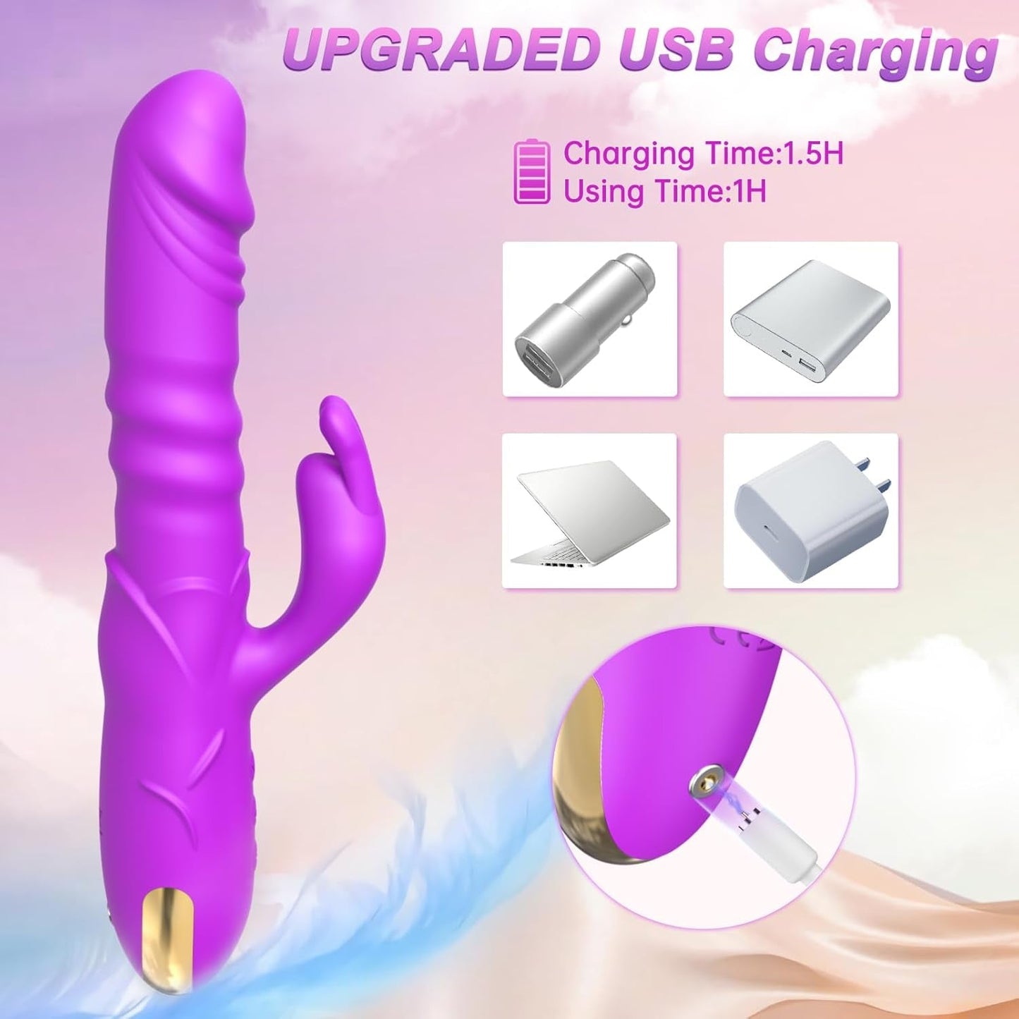 RoseAura Vibrador Conejo de Empuje 3 Empujes 10 Modos Silicona