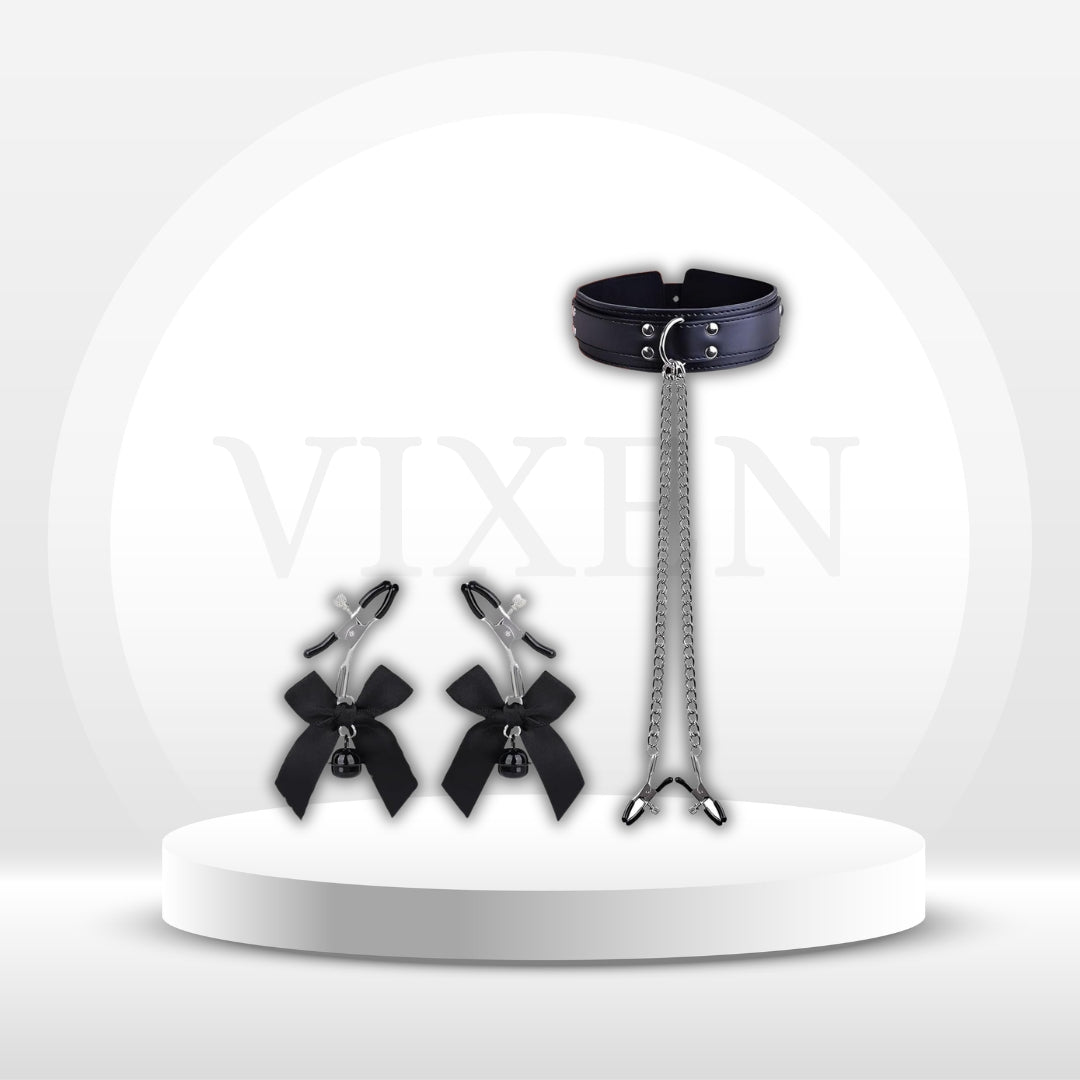 Juego de pinzas para pezones y collar BowBelle BDSM