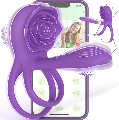 Anillo para pene, funda de aumento de grosor y vibrador de clítoris VioletPetal Rose de 9 modos
