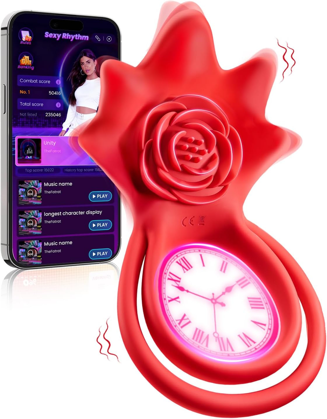 Anillo para el pene con control de aplicación y estimulador de clítoris PetalSync Rose AI, 9 modos