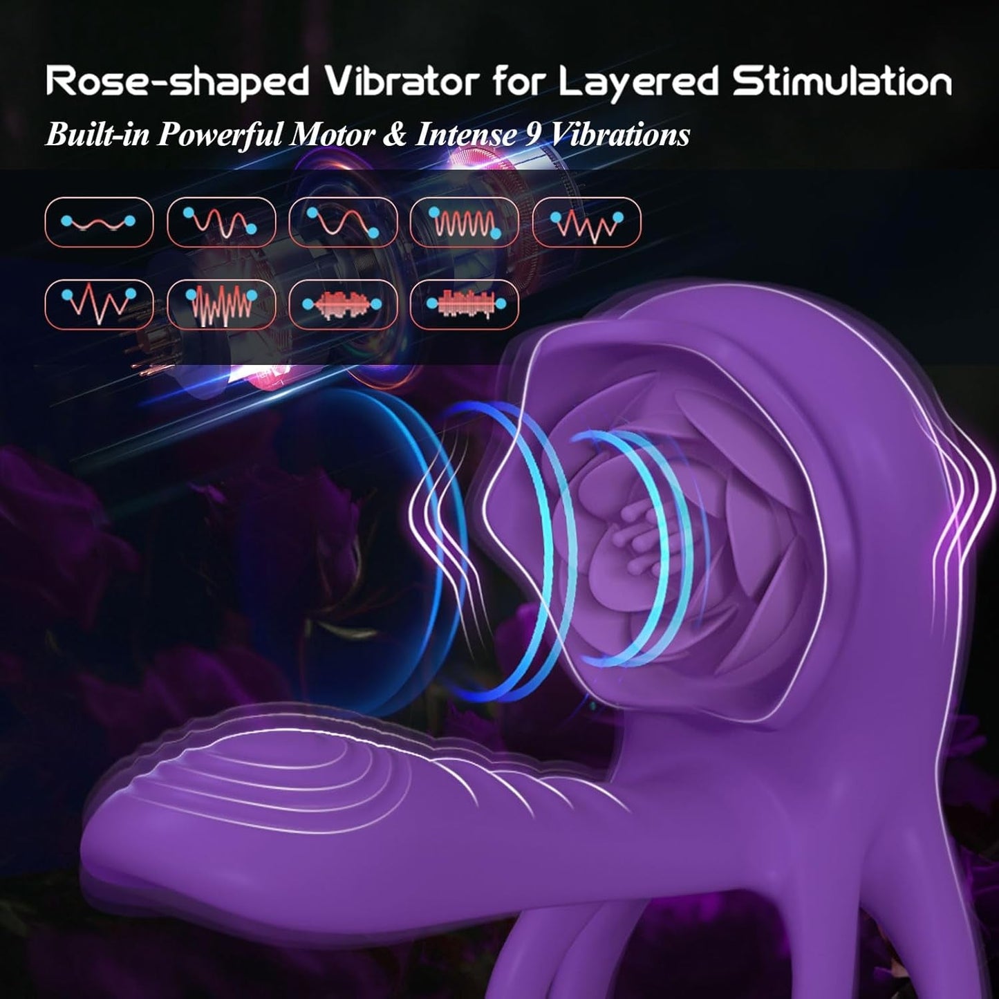 Anillo para pene, funda de aumento de grosor y vibrador de clítoris VioletPetal Rose de 9 modos