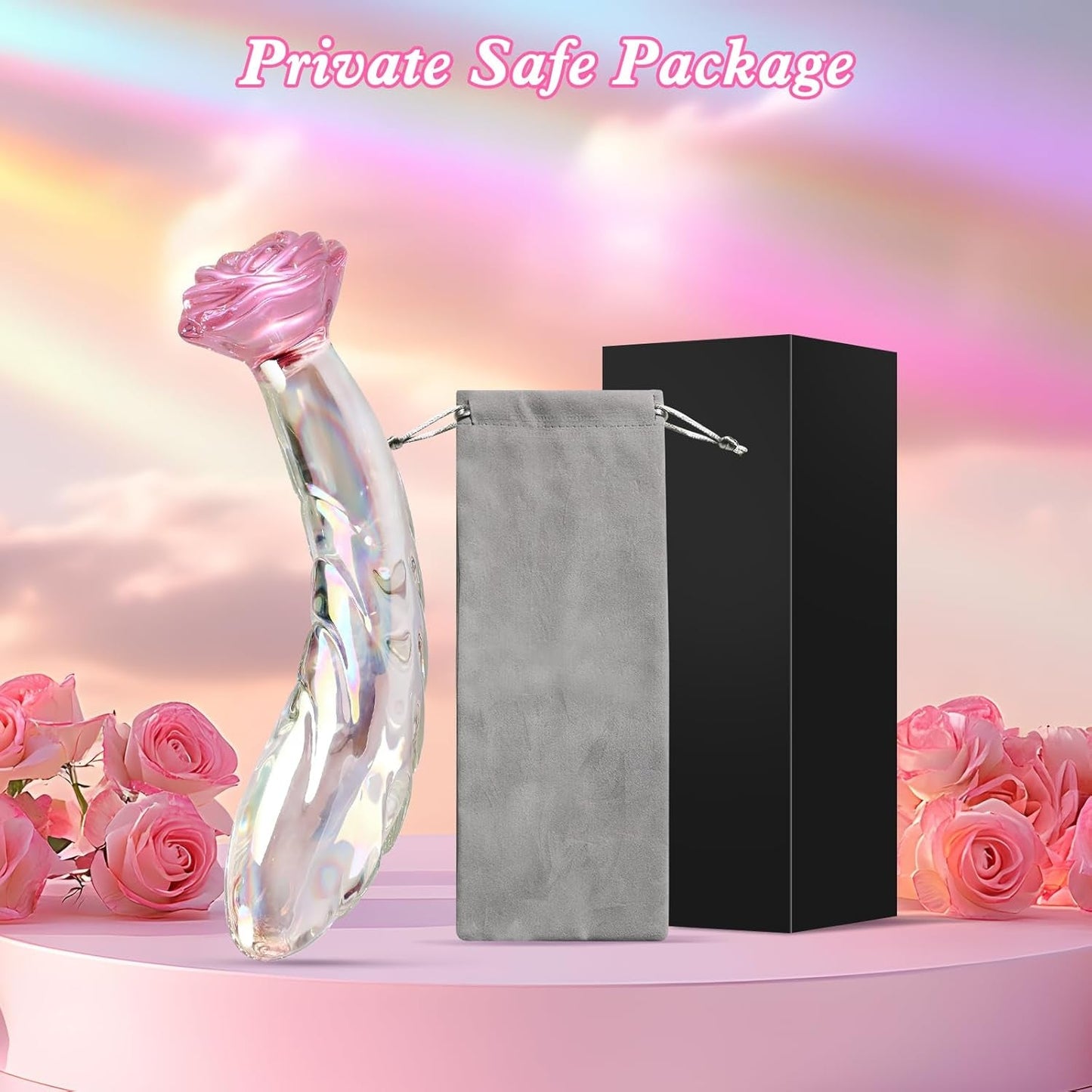 RoseGlass Dildo de cristal de 7.2" con arcoíris, tapón anal para punto G