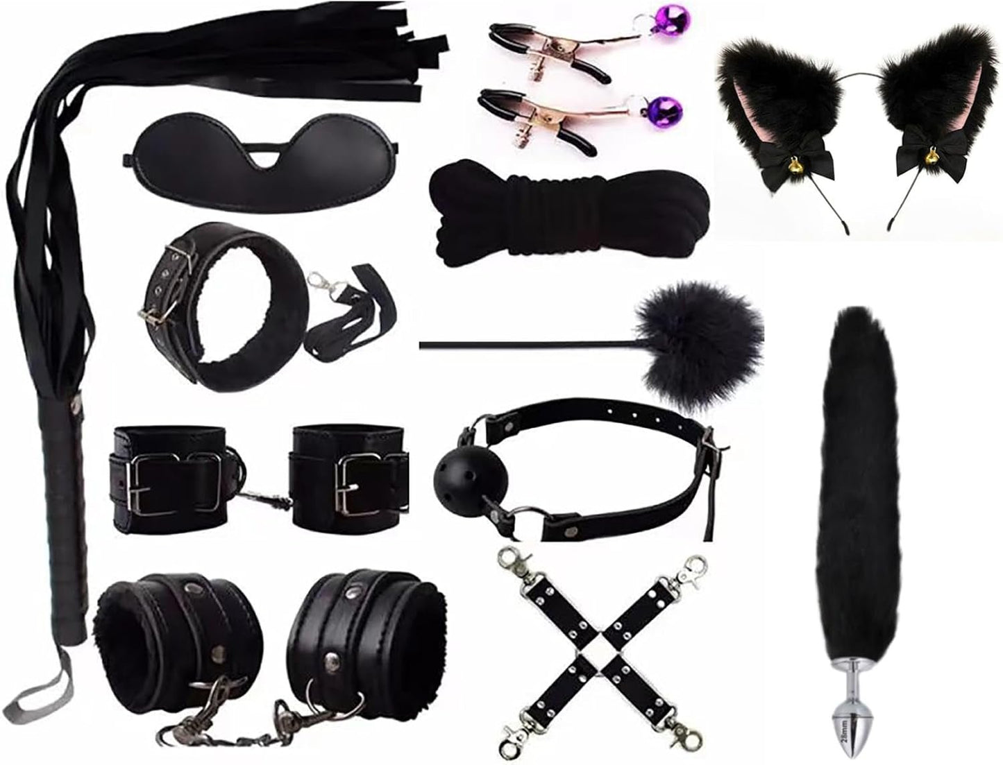 MidnightKink Kit BDSM de 12 piezas con cola, plug anal y set de sujeciones
