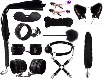 MidnightKink Kit BDSM de 12 piezas con cola, plug anal y set de sujeciones