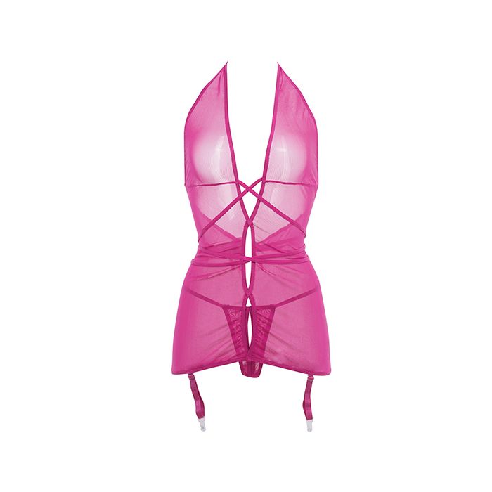 Vestido de liga de malla transparente y tanga abierta Allure Savannah rosa fuerte L/XL