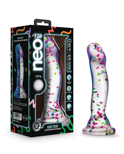 Neo Elite Hanky Panky Dildo Confeti de 7" que Brilla en la Oscuridad