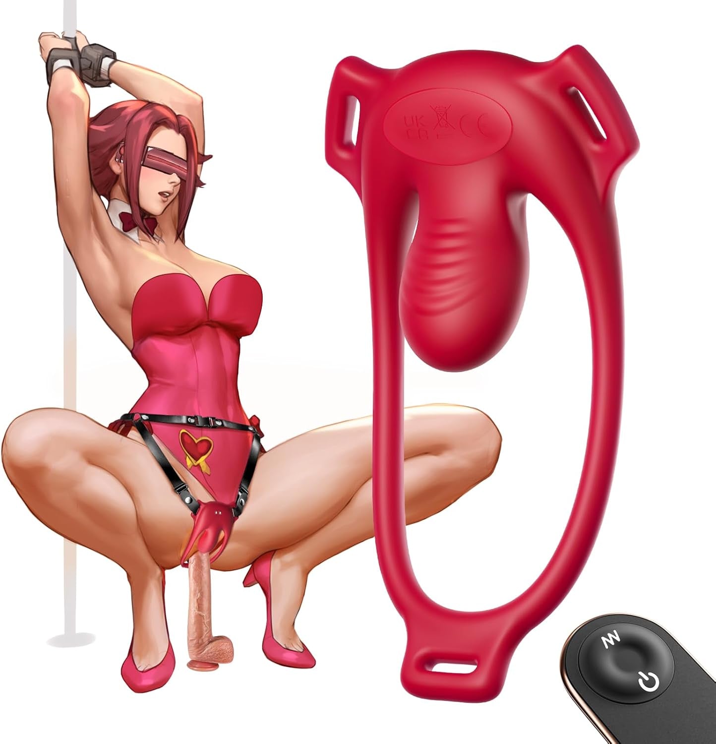 CrimsonControl Vibrador de Clítoris con Anillo para Pene y Arnés a Control Remoto