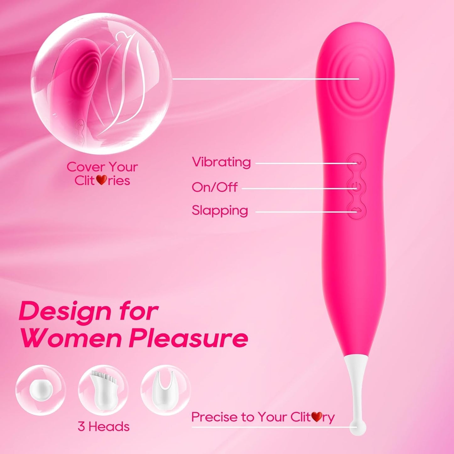 PinPoint Clitoral Wand Vibrator 7 Modes Tapping 3 Heads