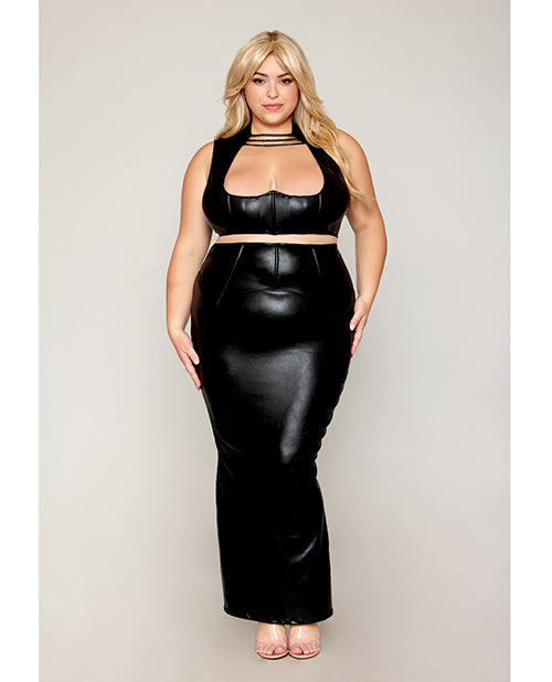 Plus Size Stretch Faux Leather Black Bra & Skirt Set 1X