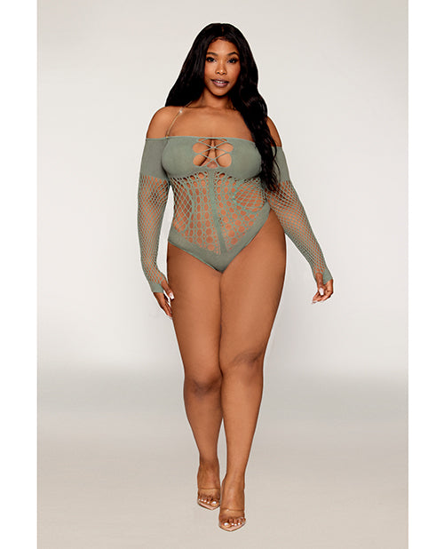 Plus Size Sage Green Long Sleeve Seamless Fishnet Teddy