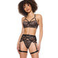 Bralette de encaje con aros, tanga y liguero negro/oro rosa grande