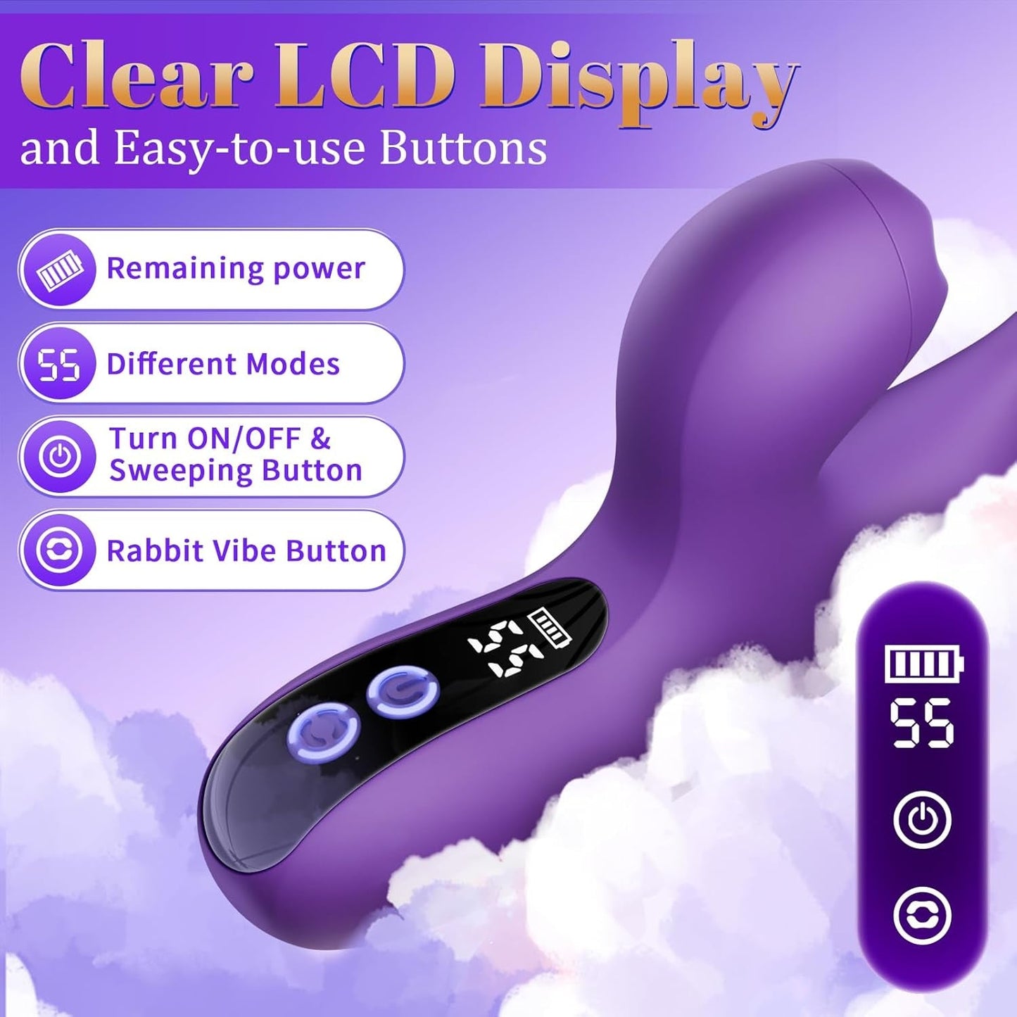 Vibreur lapin TrevixaSweep pour point G, 3-en-1, 10 modes, écran LCD
