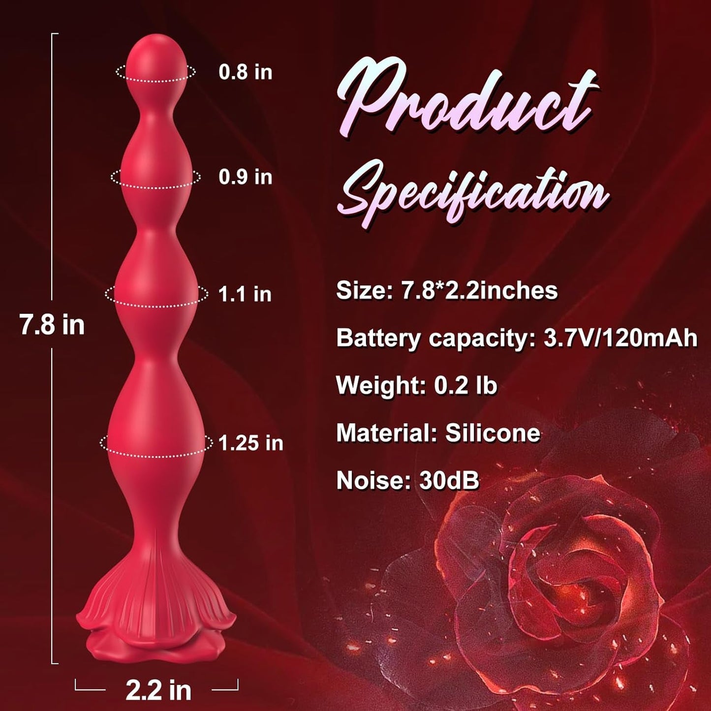 Vibrador de bolas anales CrimsonPetal de 7,8" con 9 modos
